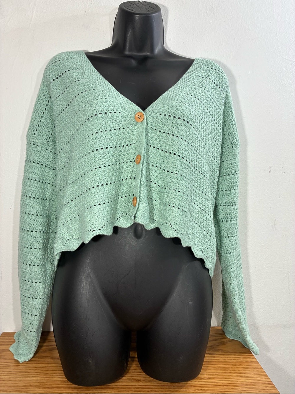 Cropped Mint Green V-Neck Button Crocheted Cardigan